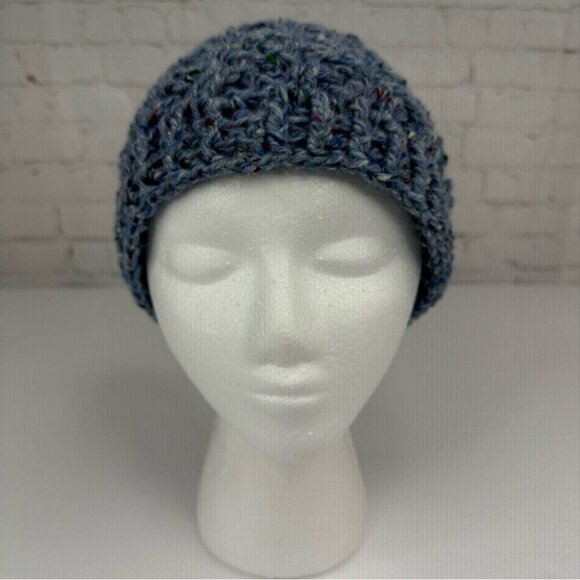 Handmade New Blue Donegal Tweed Wool Basketweave Winter Knit Beanie - Adult S/M - Picture 3 of 10